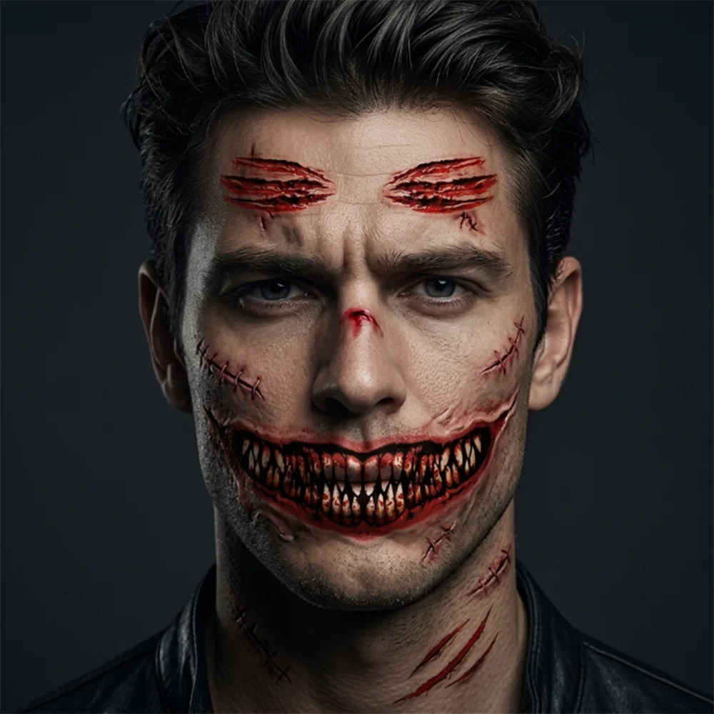 Waterproof Temporary Tattoo Halloween Stickers Horror Mouth Monster Scar Face Body Art Makeup Cosplay Party Prop Decals