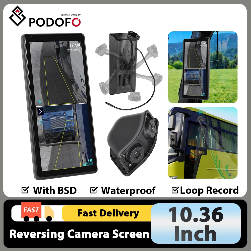 Podofo 10,36-Zoll IPS 2.5D Bildschirm Kabelgebundene Kamera mit 2 Kameras, unterstützt IP67 wasserdichte Nachtsicht-Dashcam für LKW, Bus, Wohnmobil