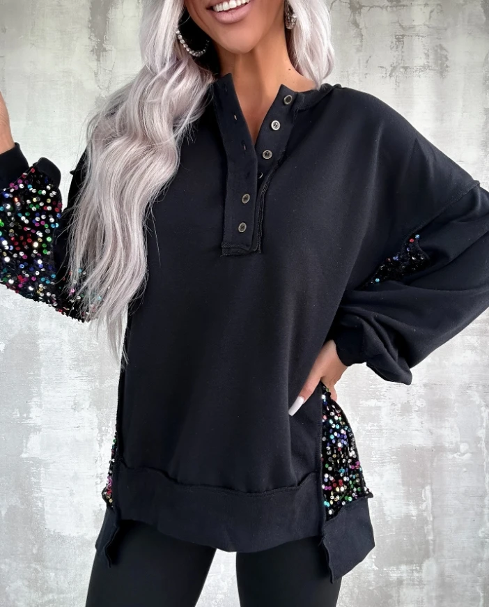 

Women's Sweatshirts 2024 Autumn Fashion Round Neck Button Design Long Sleeve Sweatshirt Contrast Sequin Casual Pullover Top