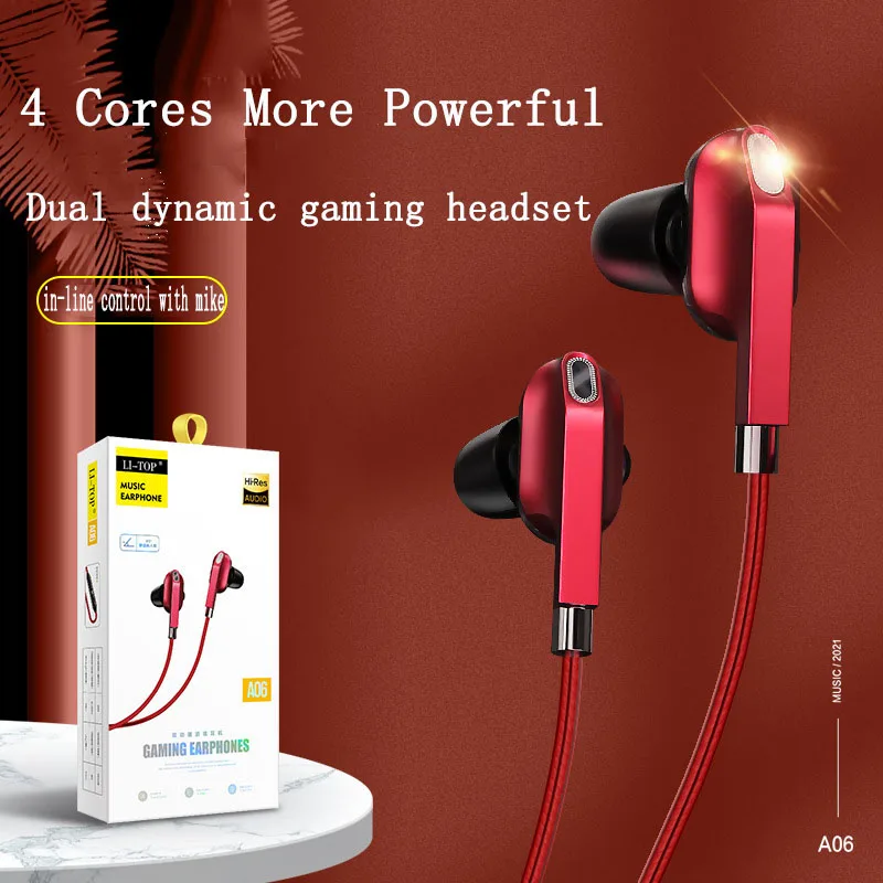 A06 dual-speaker cell phone headset dual dynamic circle quad-core in-ear subwoofer game call with microphone headphones