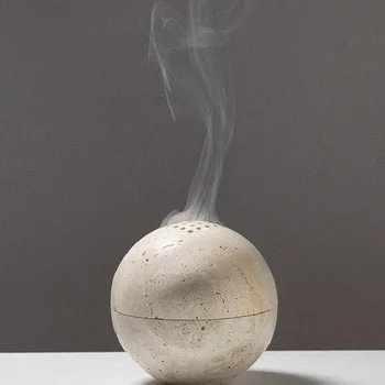 Natural marble cave hole stone portable incense burner round incense burner for home coffee table room yellow travertine ball