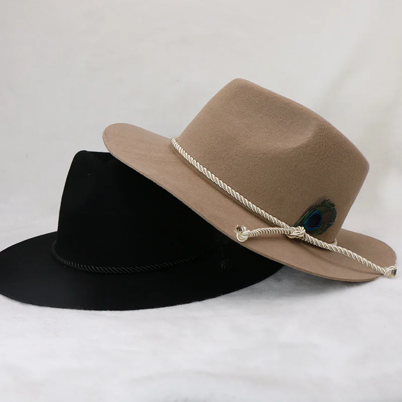 Cowboy Hat Wool Felt Topper Western Peacock Feather Gentlemen's Hat Fedora Hat Male Winter Hat