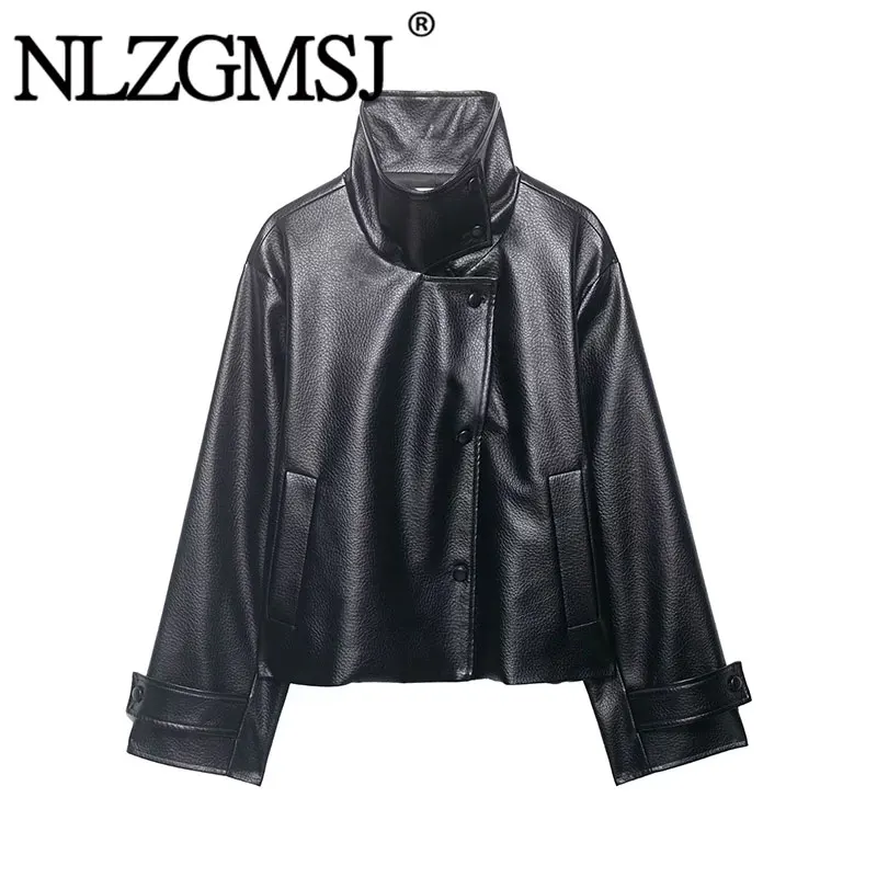 

NLZGMSJ 2026 Autumn Streetwear Chic Leather Jackets Women Long Sleeve Buttons Turtleneck Coats Fashion Outwear