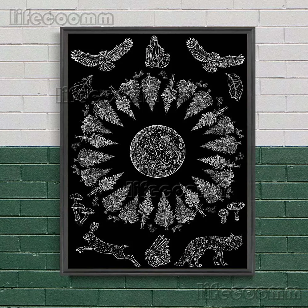 Forest Full Moon Magic Wall Art Canvas Painting Cat Ouija Mysterious Wicca Element Art Poster And Print Home Decoration Unframed