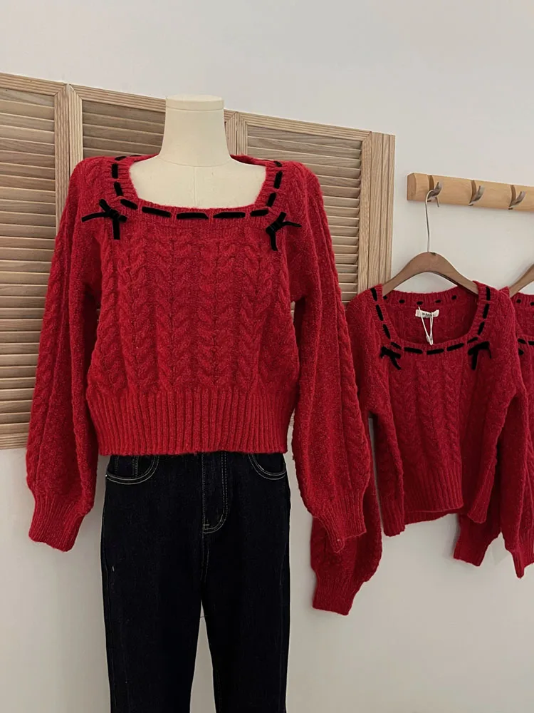 Harajuku Red Knitted Pullovers Women Long Sleeve Autumn Winter Square Collar Bow Sweater Korean Tide Sweet Oversized Christmas