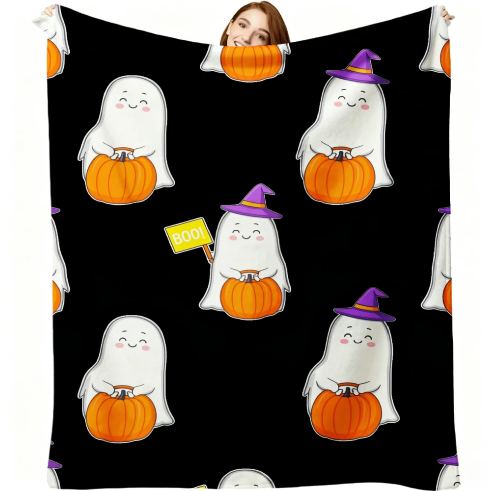1pc Cute Ghost Holding Pumpkin And Boo Sign Print Flannel Blanket Soft Comfortable Warm Bed Cover for Autumn Winter Season Bedroom Living Room Sofa Halloween Thanksgiving Christmas Festival Gift