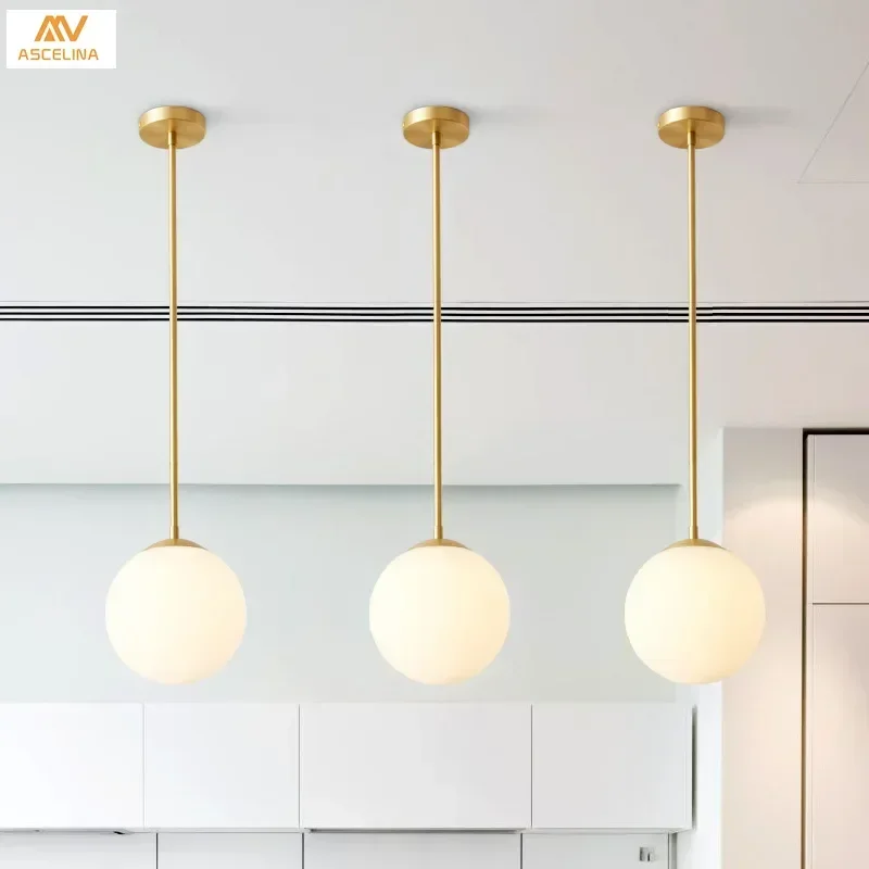 Nordic  LED Milky White Glass Ball Pendant Light Modern Minimalist Light Luxury Creative Hotel Bar Glass Ball Pendant Wire Lamps