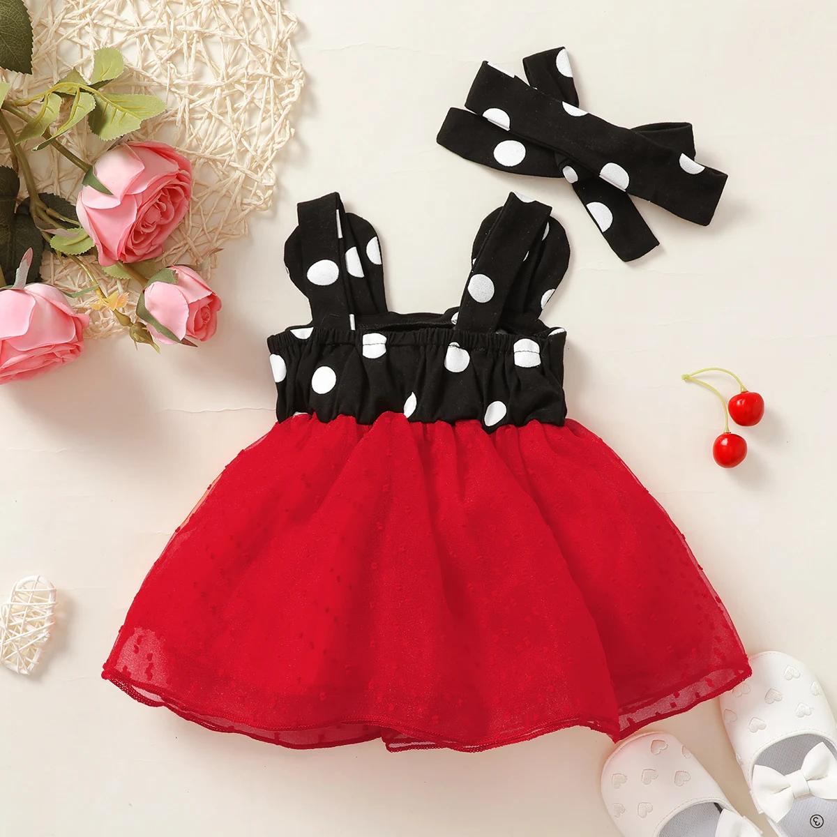 0-18 Months Cute Baby Girl Polka Dot Color Blocked SuspenderSummer Dress and Headband Baby Girl Holiday Party Fashionable Dress