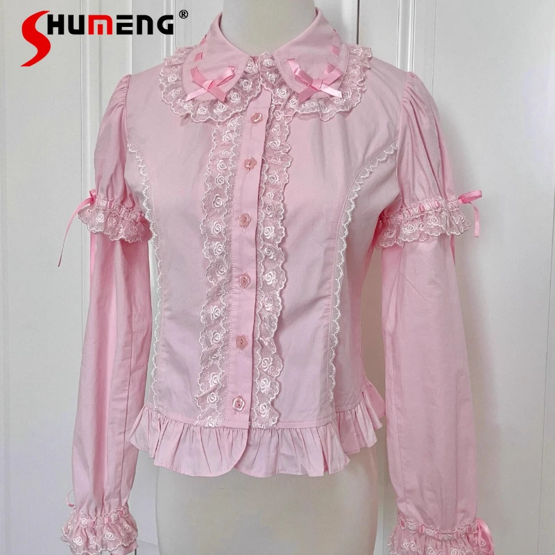 

Japanese Lolita Inner Wear Princess Sleeves Blouse Vintage Versatile Solid Color Spliced Sleeves Doll Collar Silk Lolita Shirt