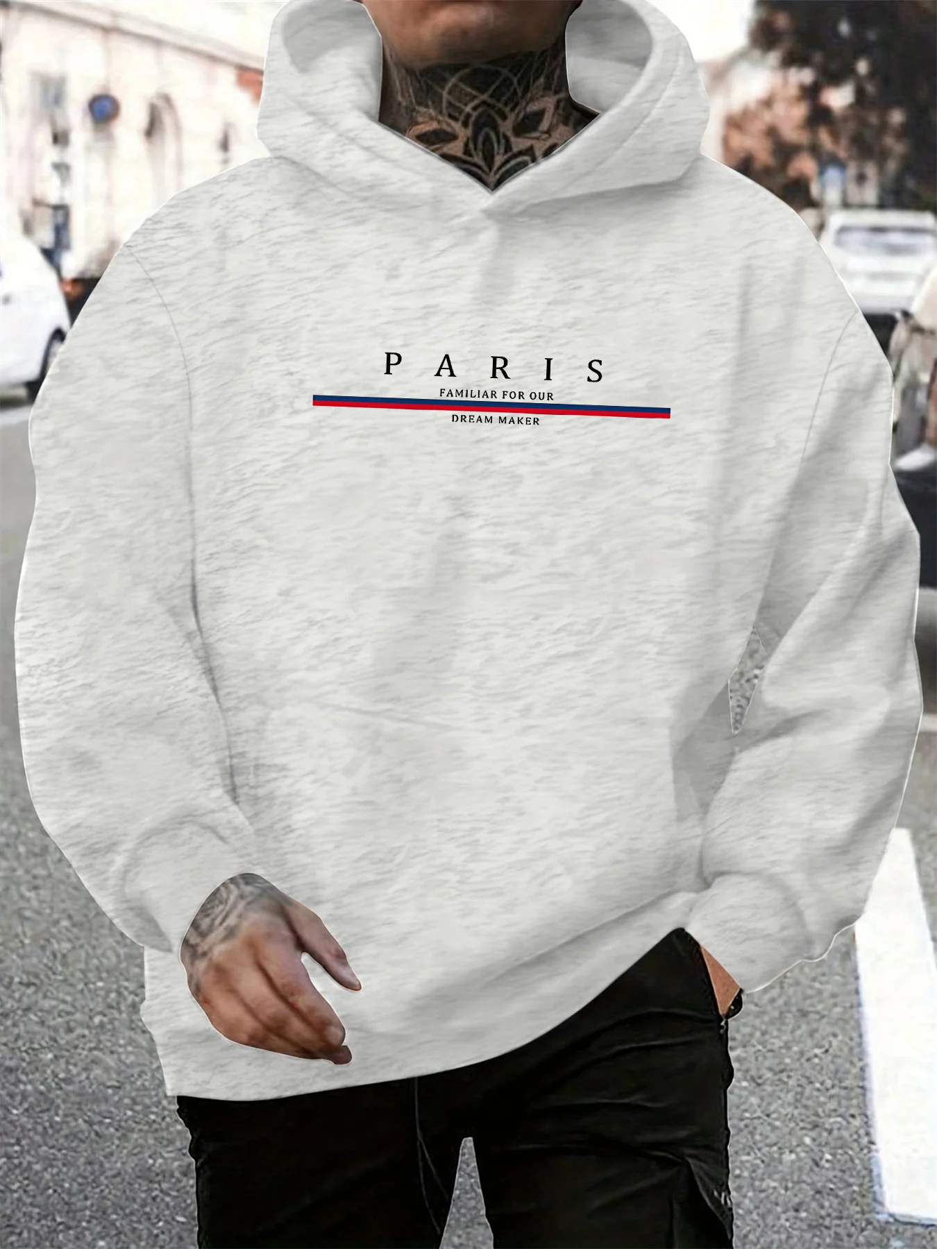 سويت شيرت رجالي للخريف والشتاء كاجوال فضفاض بقلنسوة مطبوع عليه حروف باريس بلوفر دافئ بأكمام طويلة
