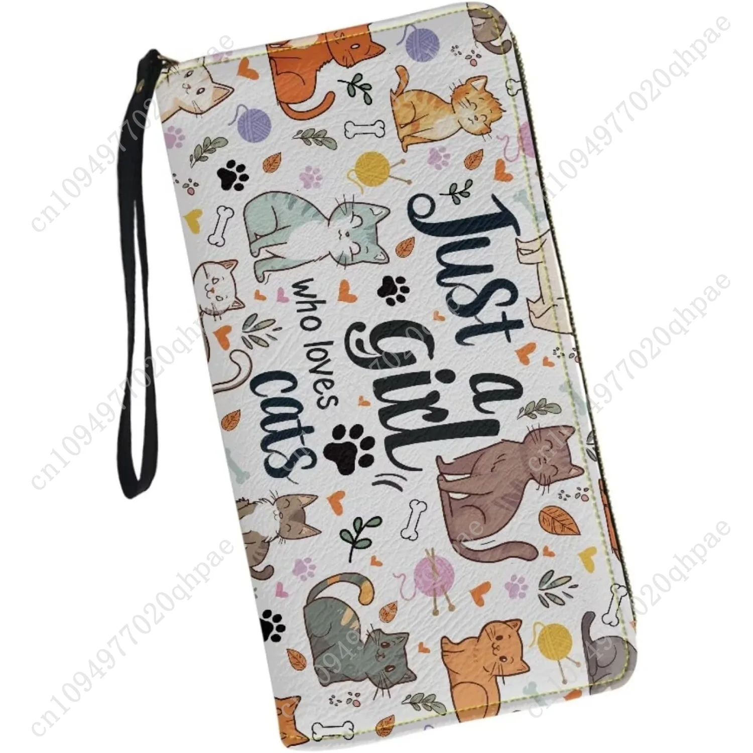 محفظة نسائية طويلة مع معصم سعة كبيرة وسحاب معدني ومحفظة هاتف لطيفة على شكل قطة - فتاة تحب القطط مطبوعة من جلد البولي يوريثان