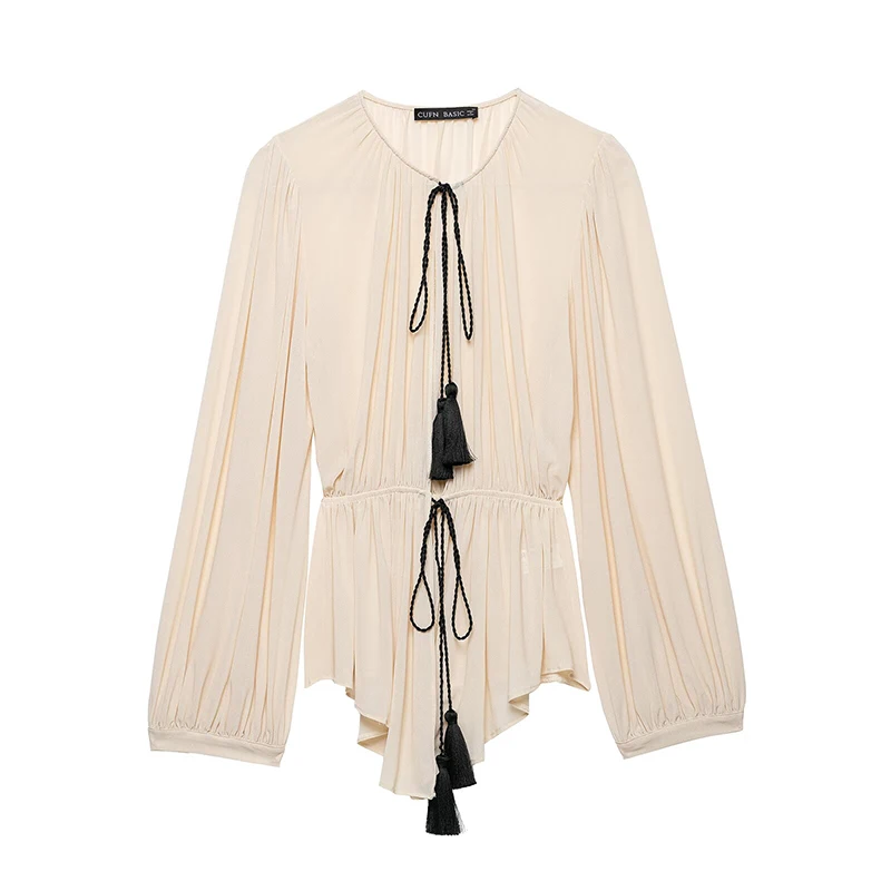 YENKYE Women Romantic Blouse Round Neck Tassel Tie Long Sleeve Elastic Waist Peplum Boho Shirt Top
