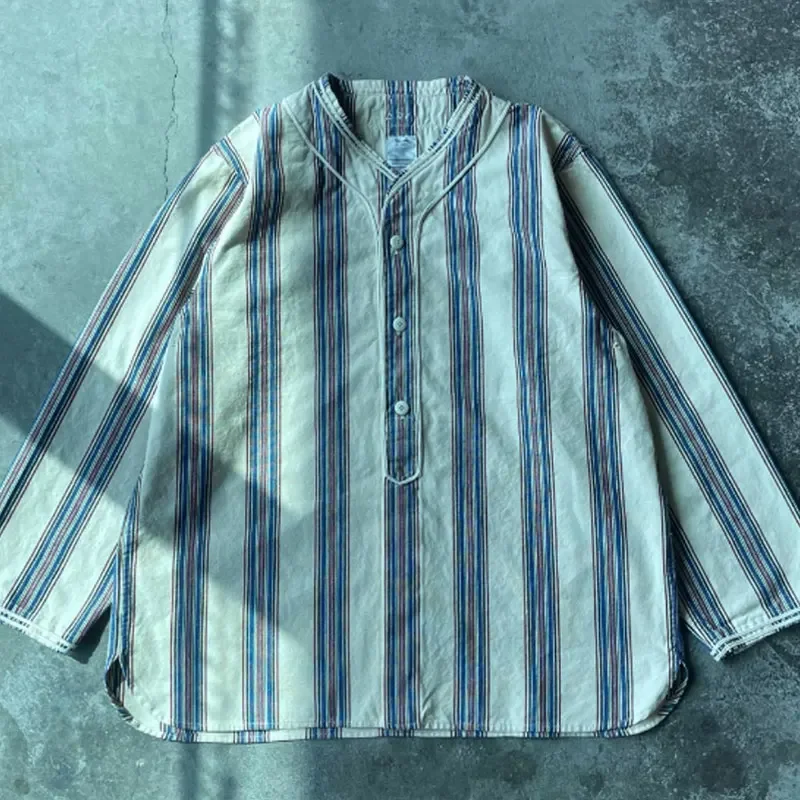 VISVIM DUGOUT SHIRT (N.D. STRIPE) Striped collarless shirt