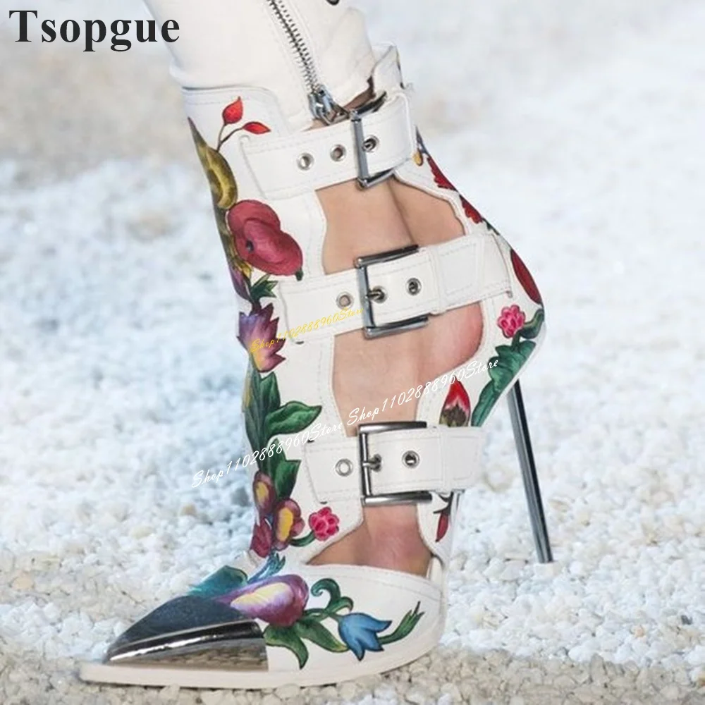 

White Buckle Strap Flower Print Metal Heel Sandals Thin High Heel Shoes For Women Pointed Toe 2024 Fashion Zapatos Para Mujere