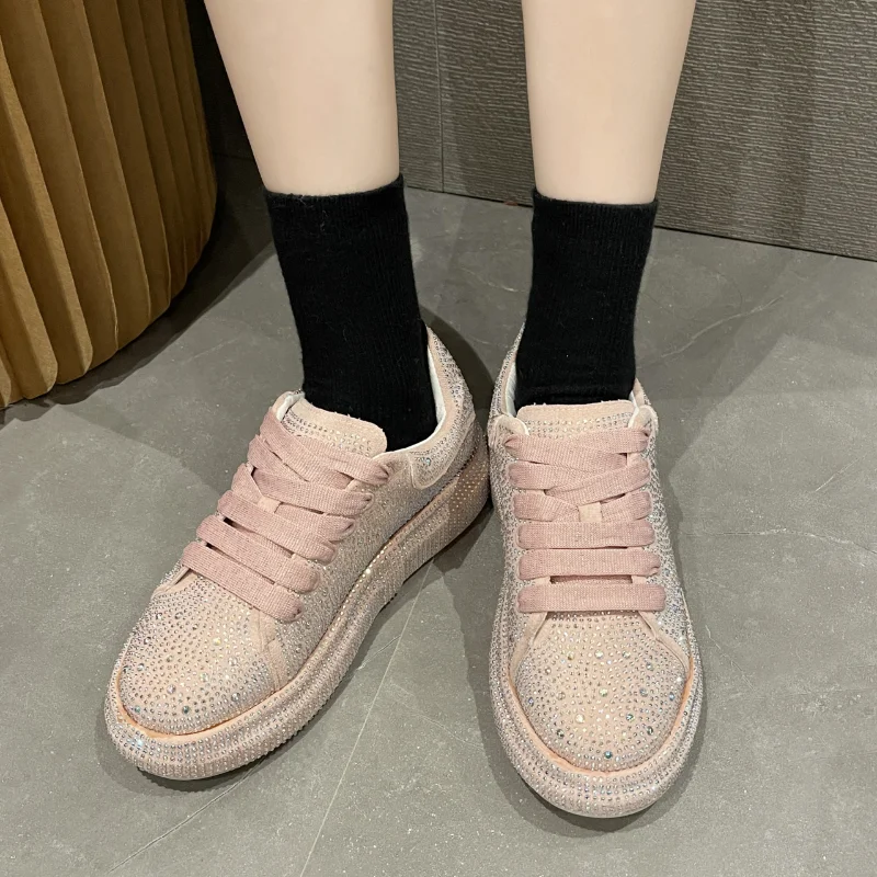 fashion Women Platform Casual Sneakers Rhinestones Thick-soled White Silver Shoes for Women Shining Crystal Sneakers Trend Shoes