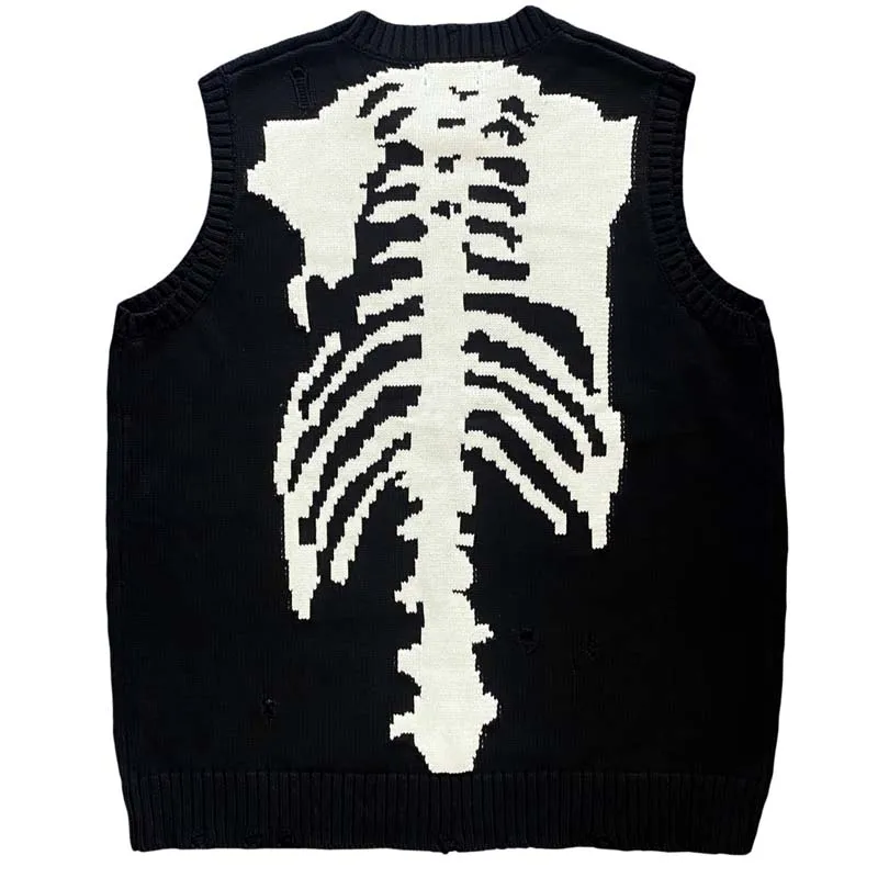 

Kapital Vintage Hirata Bone Skeleton Retro Japanese Wind Piercing Knitted Sweater Vest for Men Fashion Pullovers