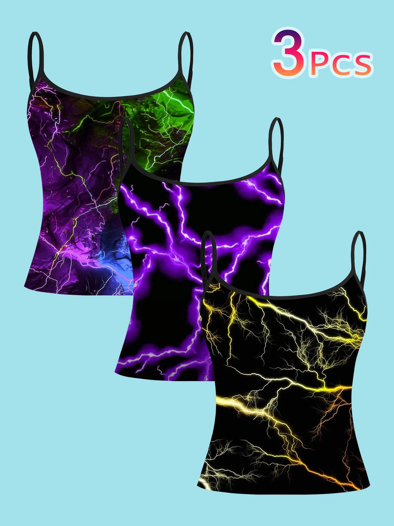 3-Pack Neon Lightning Print Spaghetti Strap Tank Tops in Purple, Green, Blue, Purple, Gold, Cyberpunk Slim-Fit Sleeveless Tops, Y2K Dark Cool Style Inner and Outer Wear Base Layer Shirts