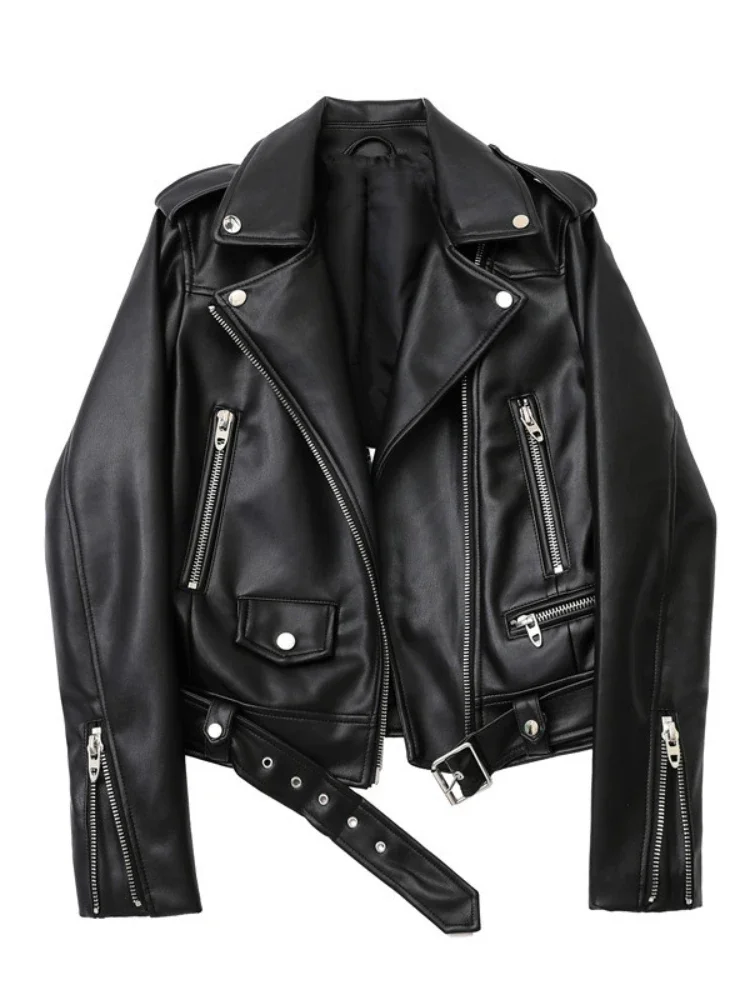 2024 wiosna jesień kurtka motocyklowa kobiety Slim, z klapą zamek ze sztucznej skóry kurtka kobieta Streetwear Punk PU Outwear z paskiem