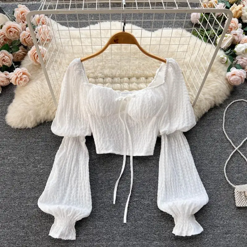 Fashion Sweet Solid Color Short Blouse French Style Square Collar Puff Sleeve Lace Up 2023 Women Streetwear Spring Top