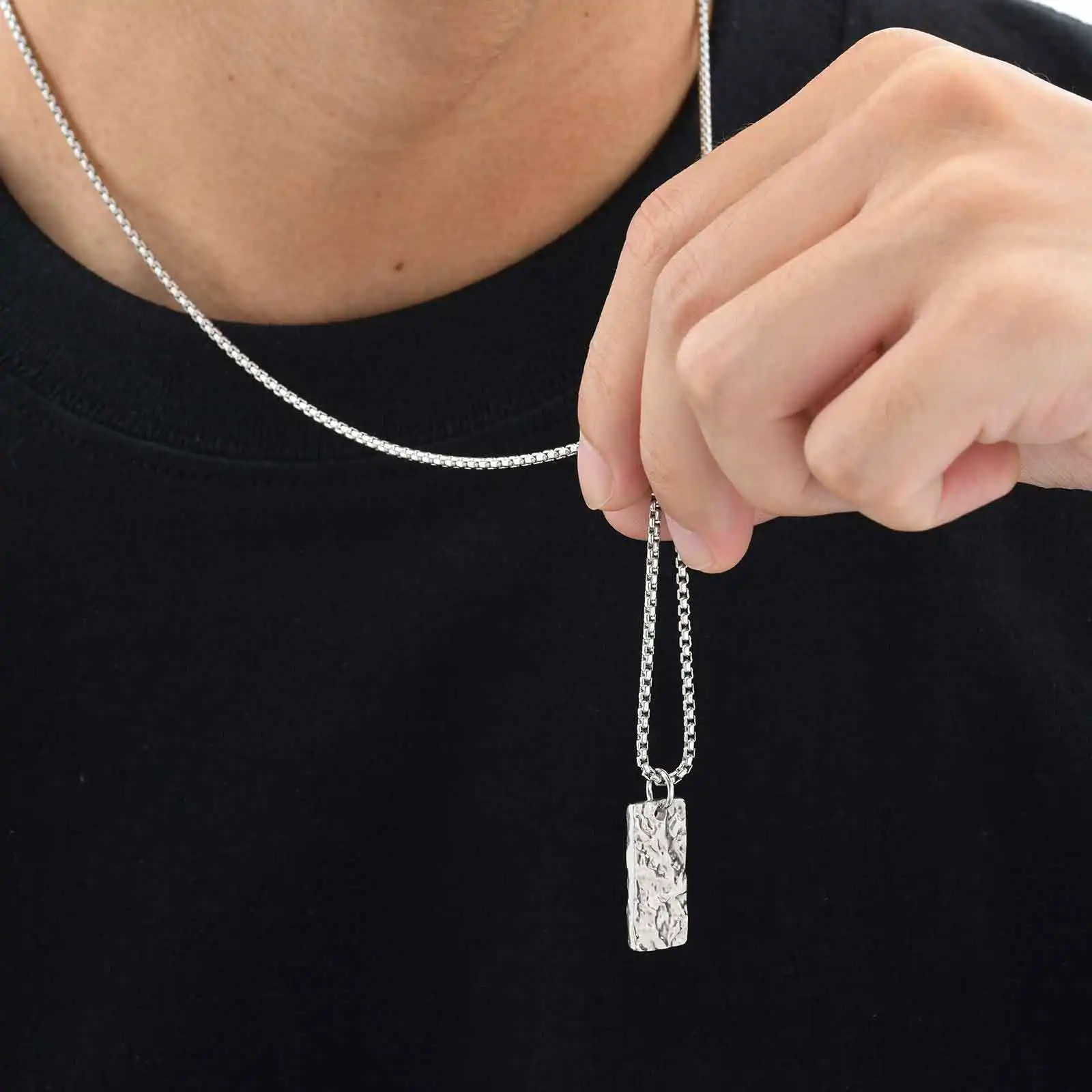 Vintage Fold Geometric Necklace for Men Boys,Stainless Steel Rectangular Pendant,Punk Jewelry Gift