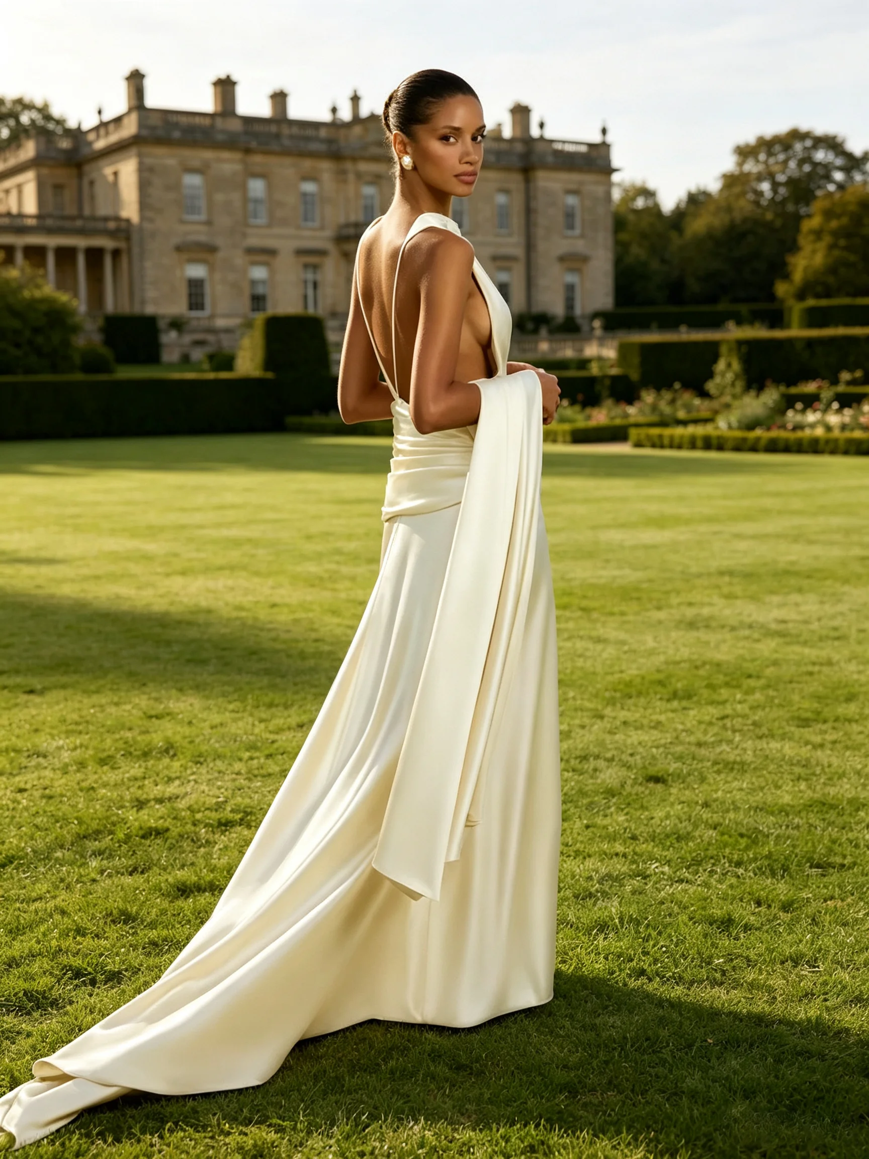 Damen-Abendkleid aus Satin, langes, tief ausgeschnittenes Kleid mit Spaghettiträgern, rückenfrei, plissierter Taille, Hochzeits- und Partykleid mit Schleppe