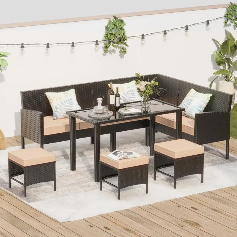 

7-Piece Outdoor Furniture Set for Small Patios, Waterproof Cushions, Glass Table, Space-Saving Design, Ideal for Backyard,