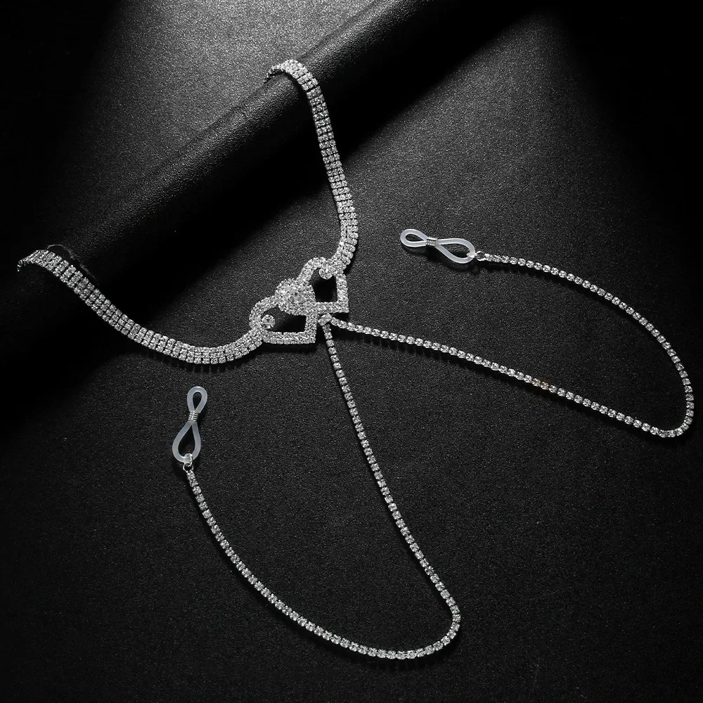 Sexy Double Heart Nipple Chain Necklace for Women Bikini Lingerie Festival Clothing Rhinestone Chest Chain Nightclub Jewelry