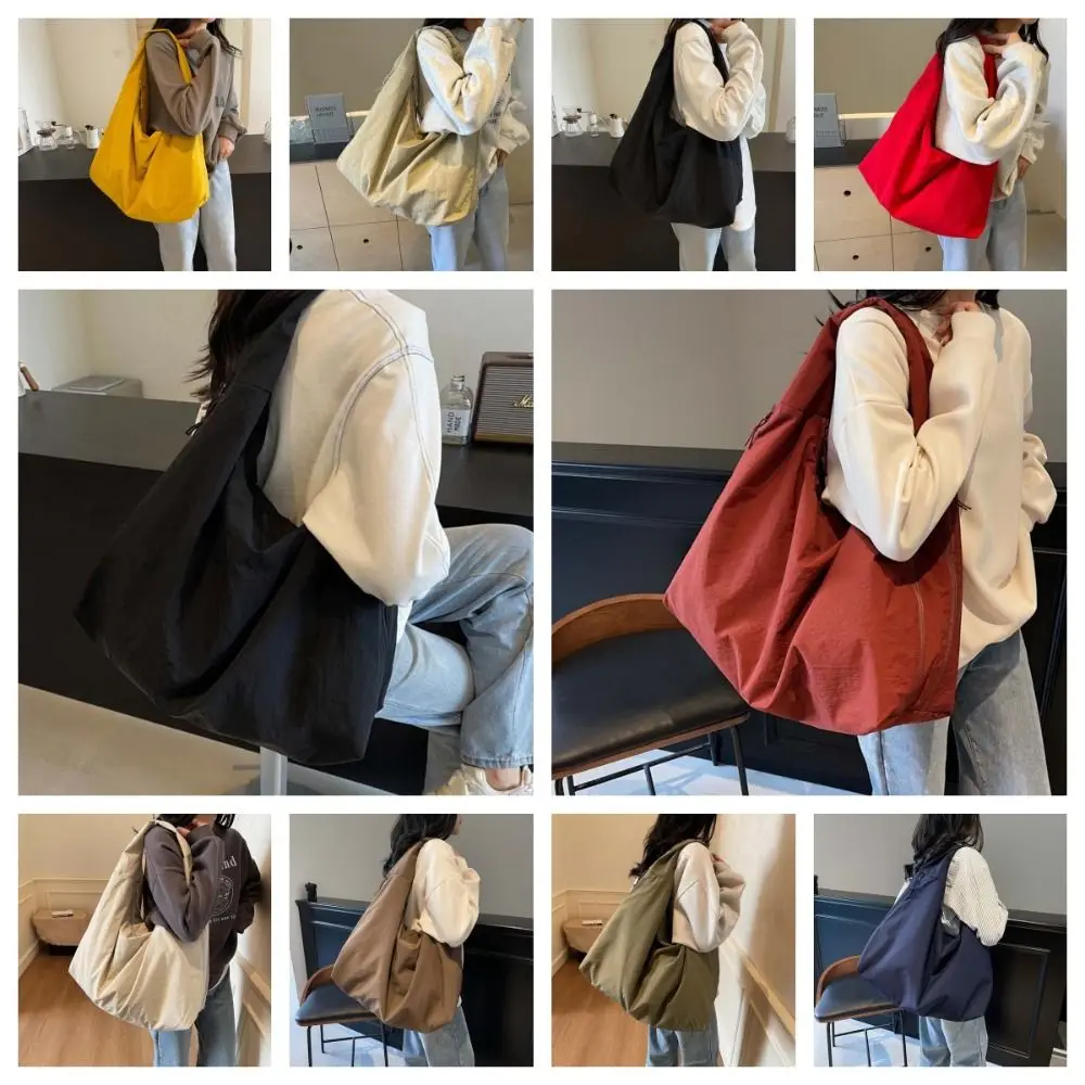 

Casual Nylon Shoulder Bag Double Zipper Design Multi-Pocket Versatile Commuting Handbag Soft Solid Color Large Capacity Tote Bag