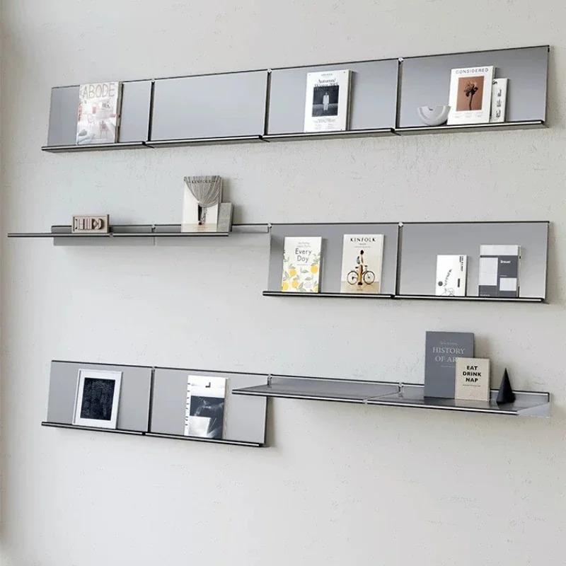 

Medieval wall-mounted stainless steel rack one-word laminate book living room background decoration display