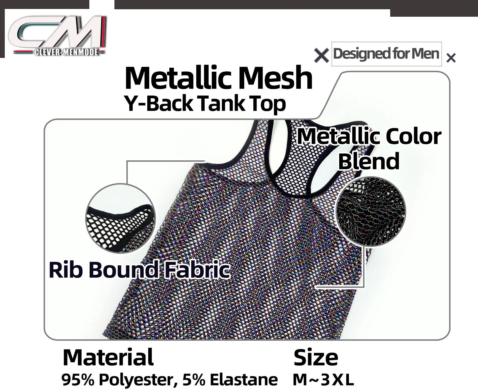 Mesh-Fischnetz-Tanktop für Herren, Racerback, ärmelloses Metallic-Shiny-Shirt für den Sommer, Sport-Muskelweste, transparent, für den Alltag, Partys und Streetwear – Detail 2