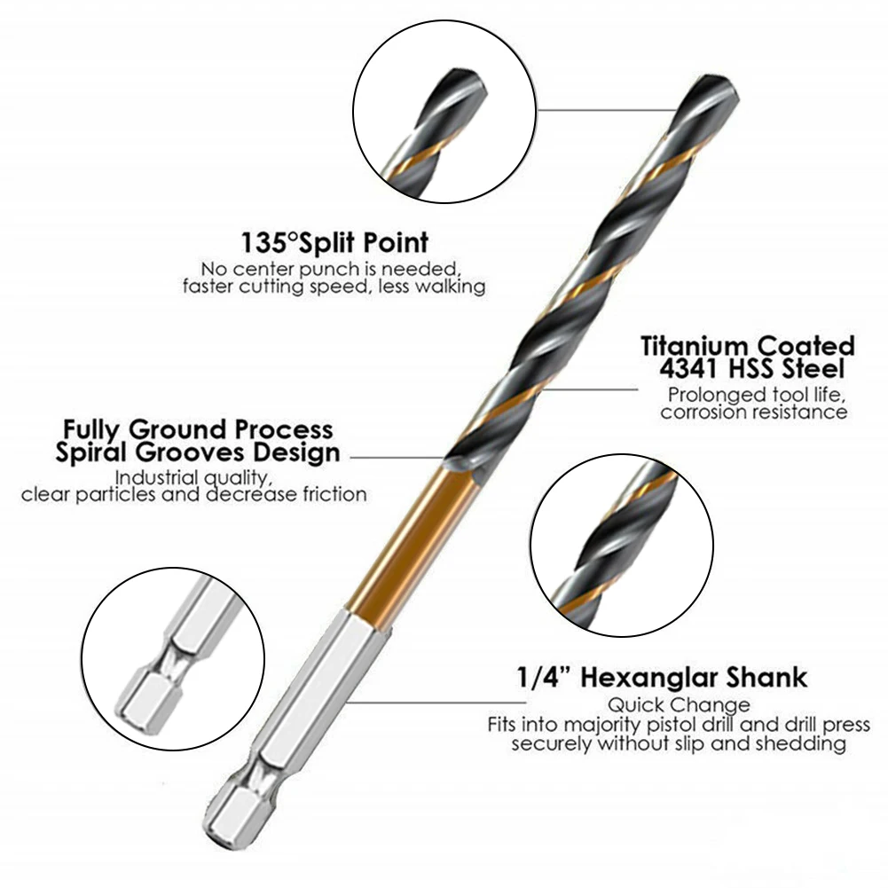 HSS High Speed Steel Titanium Coated Drill Bit 1/4 Hex Shank Drill Bit 1.5-6.5mm Hexagonal Handle Twist Drill Bit Woodking Tools