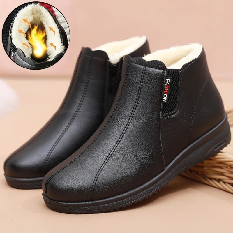 Kurze Winterstiefel für Damen, warme Schneestiefel mit Kunstfellfutter, wasserdichte Leder-Stiefeletten