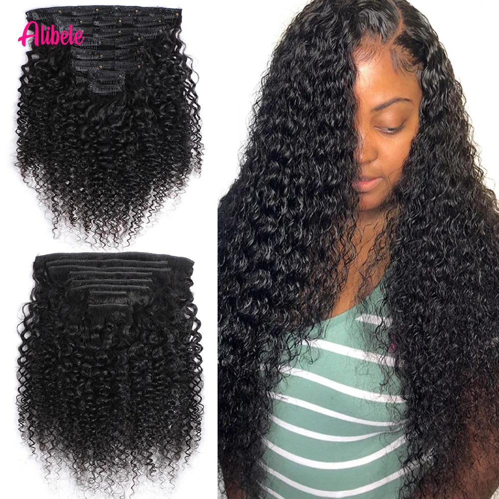 

Alibele Natural Color Clip In Human Hair Extensions Brazilian Kinky Curly 100% Remy Human Hair 120G 8Pcs/Set Full Head For Women