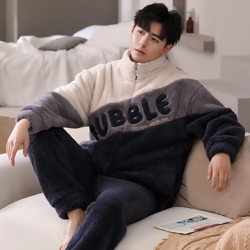 Winter Pajamas Men's Cardigan Zipper Coral Fleece Loungewear Suit Winter Men's Fleece Thickened Warm Plush Can Be Worn Outside