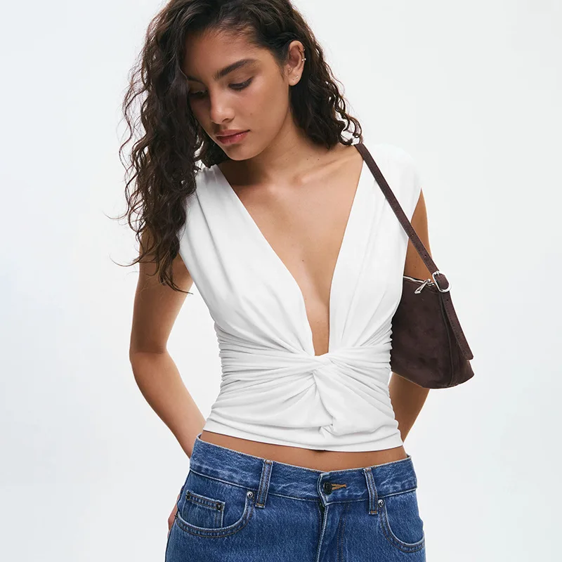 2026 Women Spring Summer V Neck Pullover Solid Color Twisted Ruched Waist Blouse Slim Figure Flattering Basic Short Sleeve Top