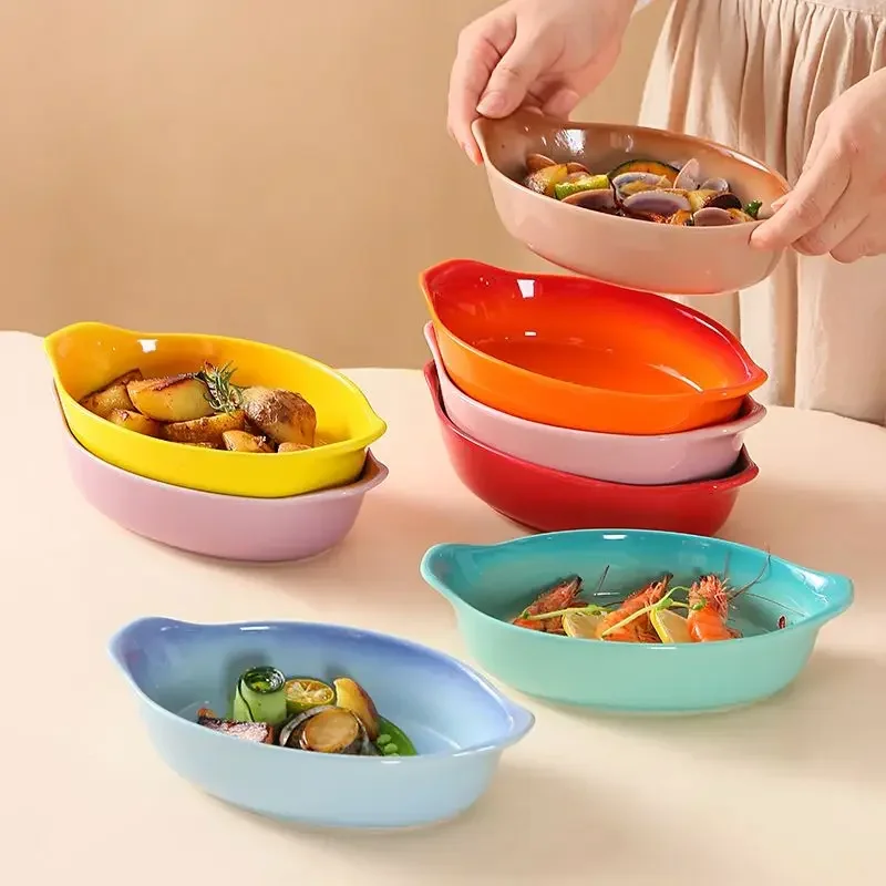 

French Rainbow Ceramic Cheese Baked Rice Bowl Household Oven Special Tableware Double Ear Baking Plate Bowls Microwave