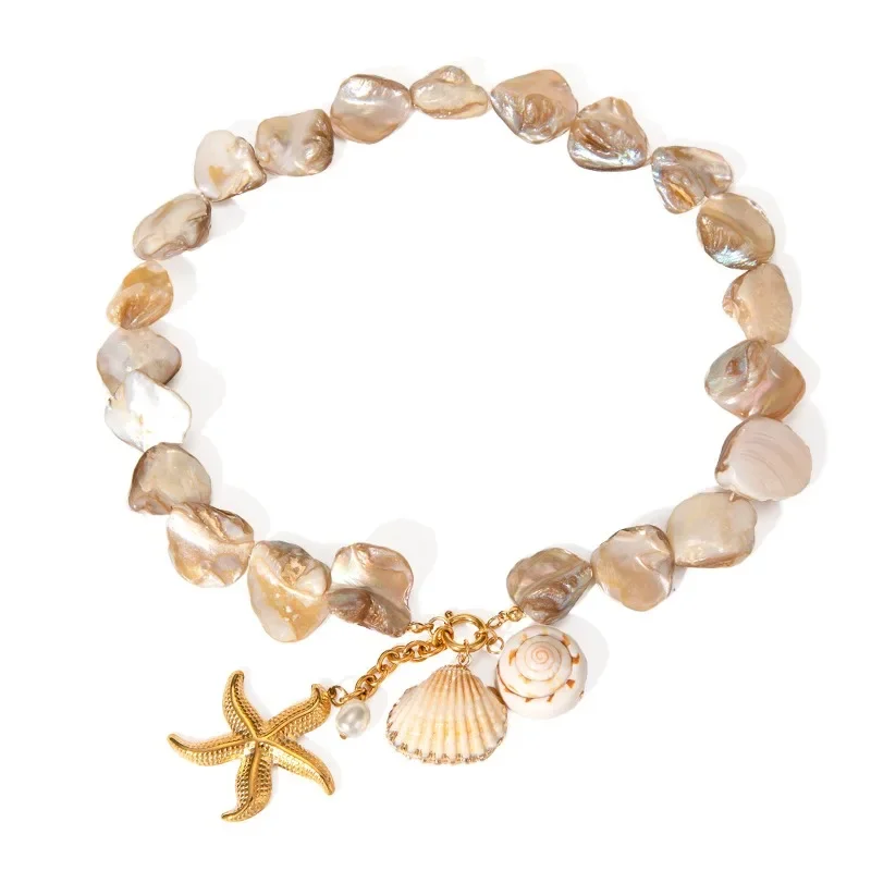 Minar Handmade Natural Shell Star Pendant Necklaces for Women Girls 18K Gold PVD Plated Stainless Steel Chokers Holiday Jewelry