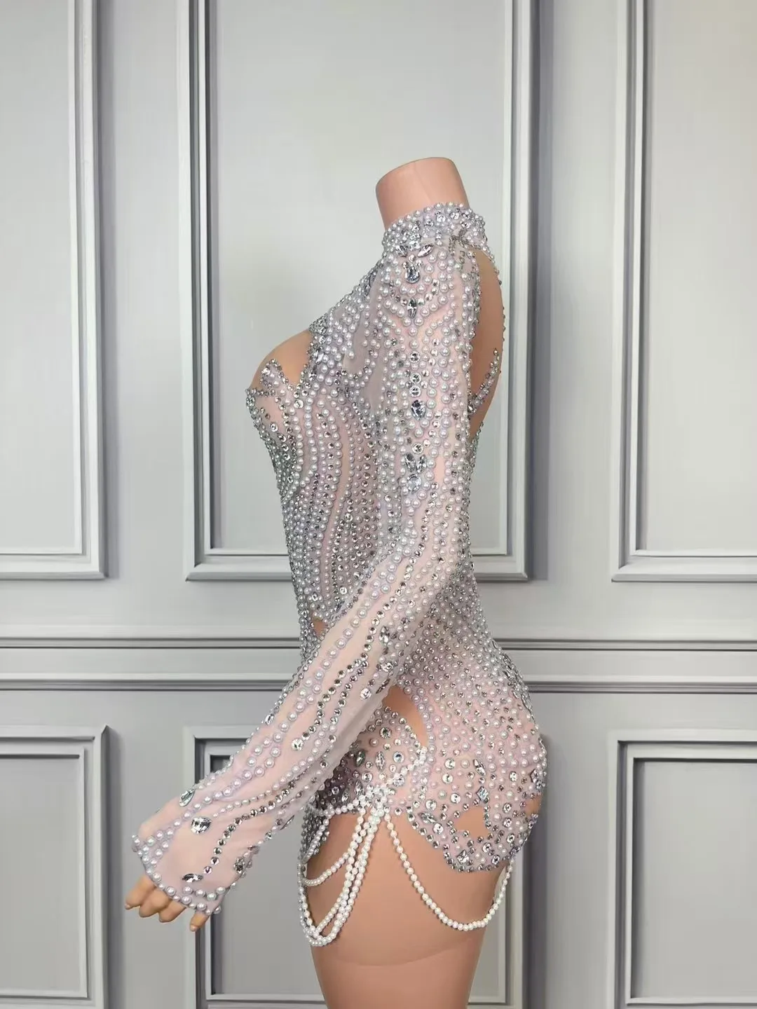 Luxurious Full Rhinestones Pearl Short Dress Women Evening Prom Celebrate Dress Sexy Mesh Transparent Singer Photoshoot Wear