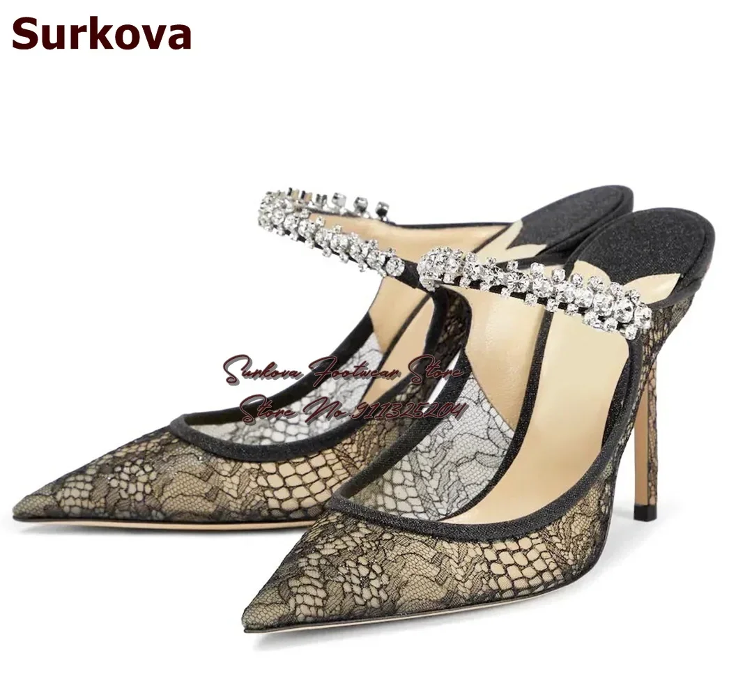 Surkova Silver Bling Bling Crystal Strap High Heel Slippers Black Lace Flowers Embroidery Stiletto Dress Pumps Pointed Toe US14