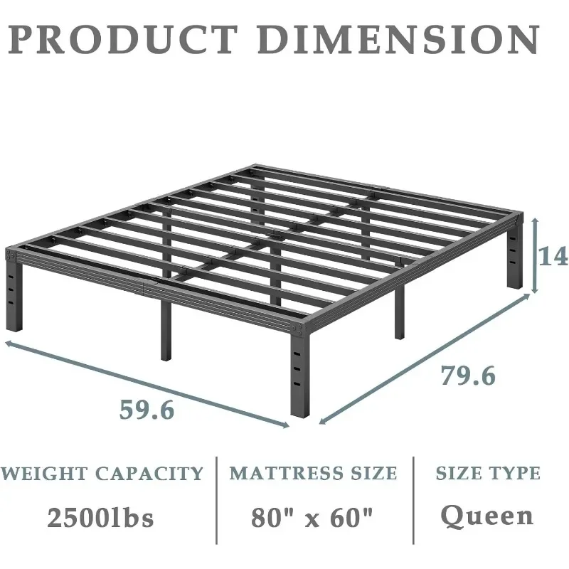 14 Inch Metal Platform Bed-Frame No Box Spring Needed, Heavy Duty, Easy Assembly, Noise Free, Black