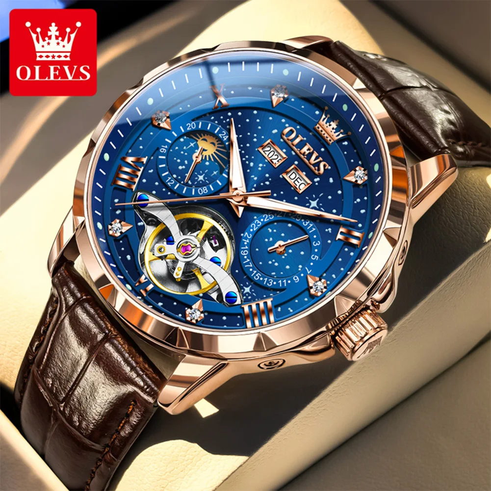 ساعة ماركة OLEVS Starry Sky ساعة ميكانيكية أوتوماتيكية بالكامل ساعة رجالية مجوفة للأعمال 6690