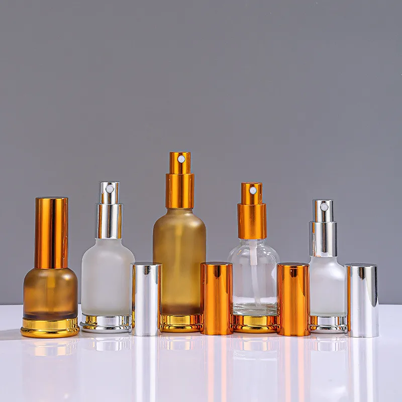 

10 шт. 20 мл 30 мл 50 мл пустые прозрачные стеклянные флаконы-спреи, янтарные коричневые флаконы с дозатором для лосьона, дорожные атомайзеры для духов, многоразовые