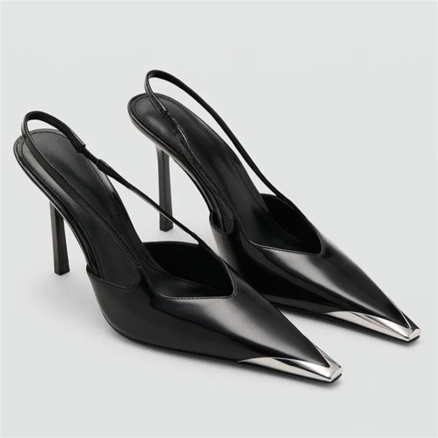 

Fashion Metal Pointed Toe Women Sandals Slingback High Heels Women Elegant Stiletto Luxury Designer Party Dress Shoes Zapatos