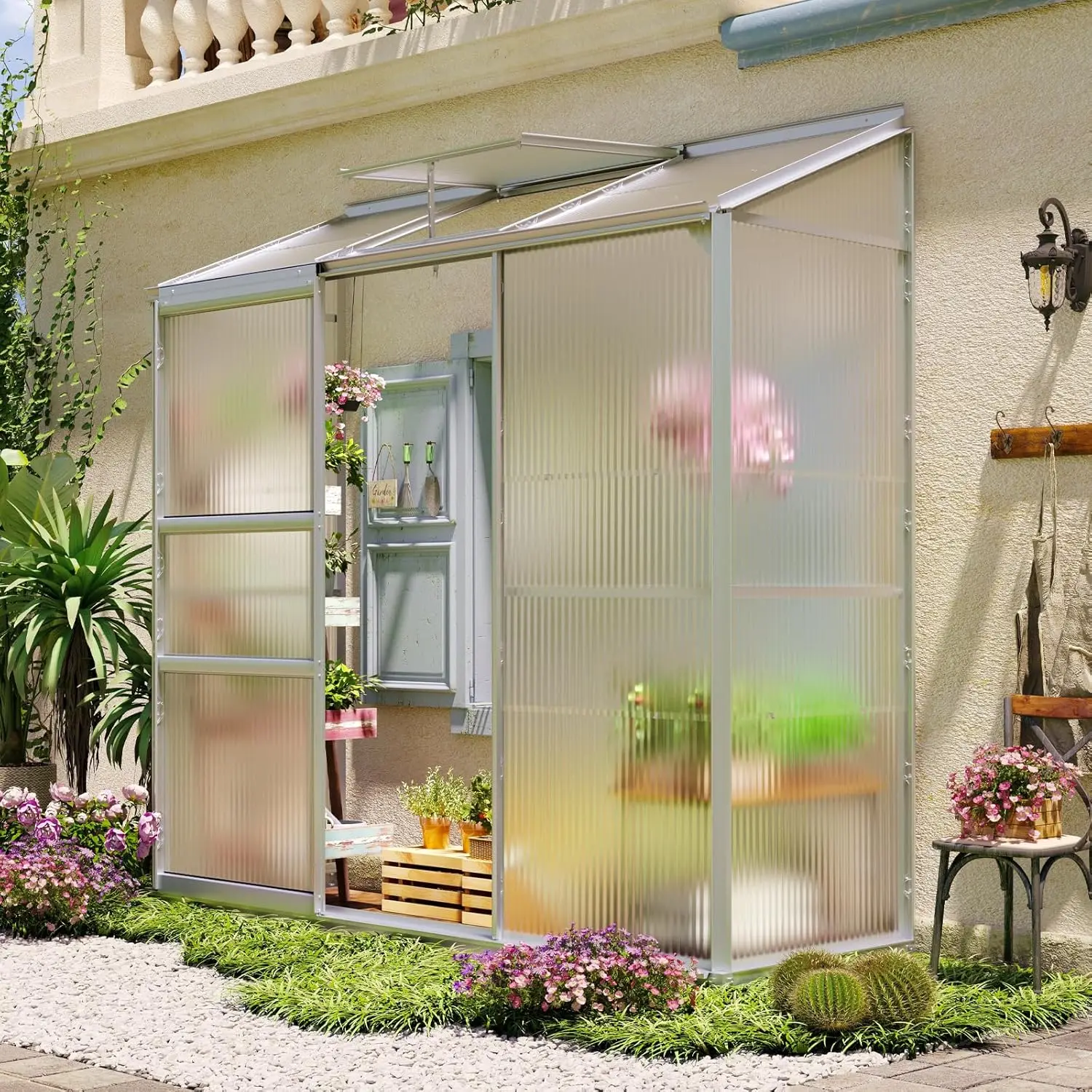 6x2ft Lean-to Polycarbonate Greenhouse, Small Walk-in Greenhouse, with Adjustable Roof Vent, Rain Gutter and Sliding, Custom