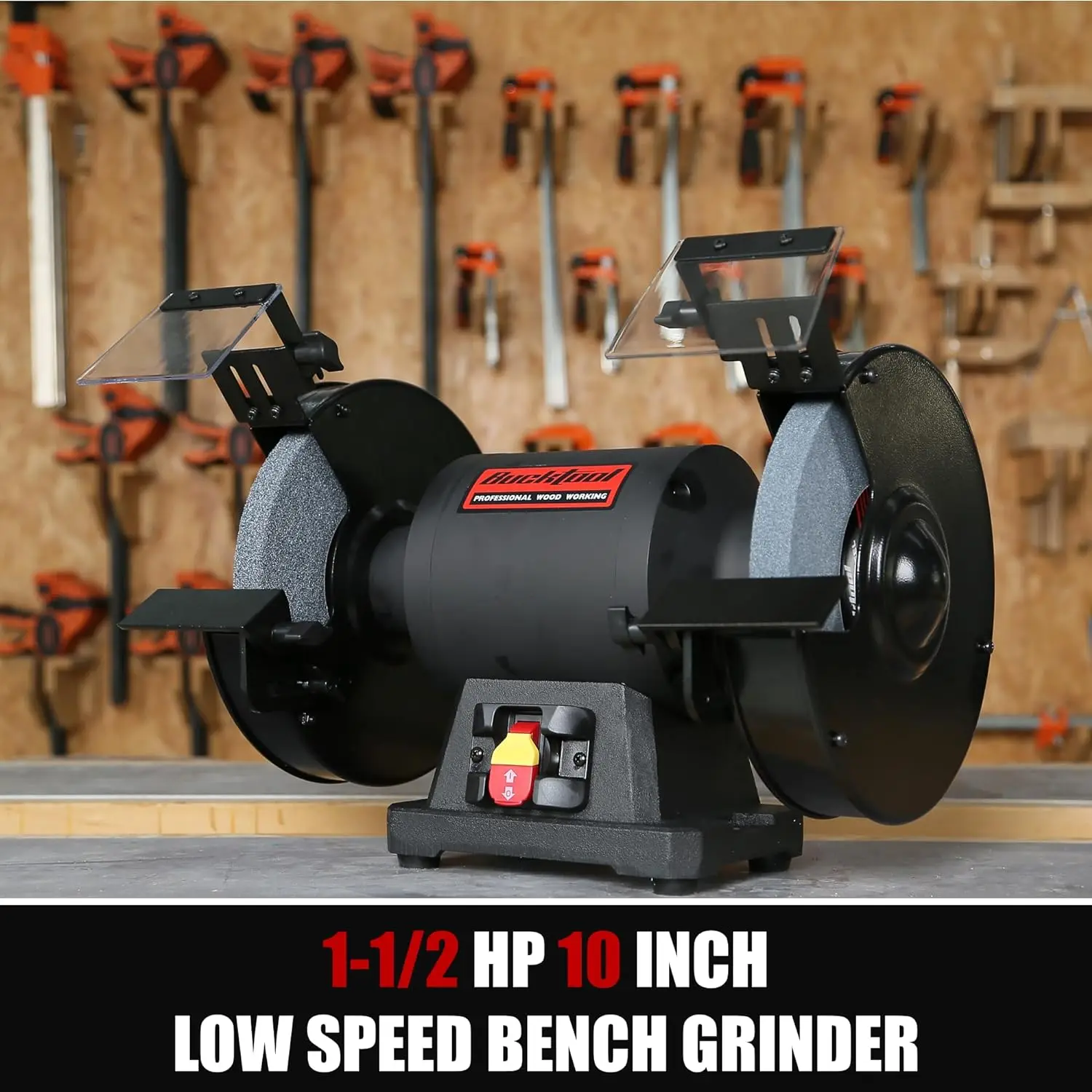 

BUCKTOOL 1-1/2HP 10 Inch Low Speed Bench Grinder, 1750 RPM Table Grinder with 13A Motor, High Precision Wobble-free Wheel