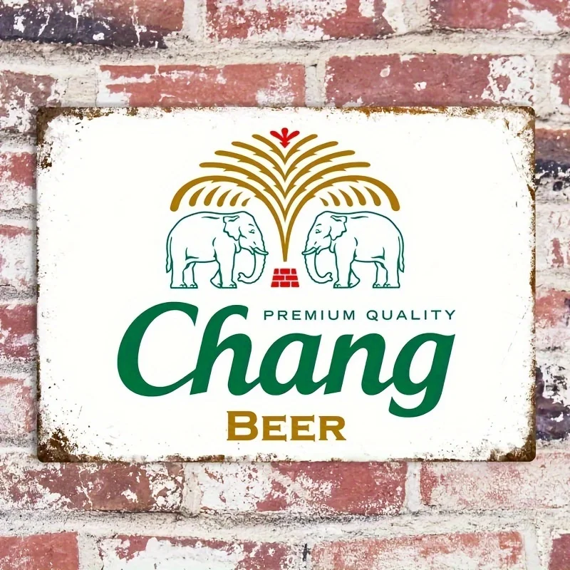 Placa Metálica Decorativa Vintage Chang Beer - Decoración Rústica de Cerveza Tailandesa con Logotipo de Elefante y Diseño Retro Verde/Blanco/Dorado para Bares