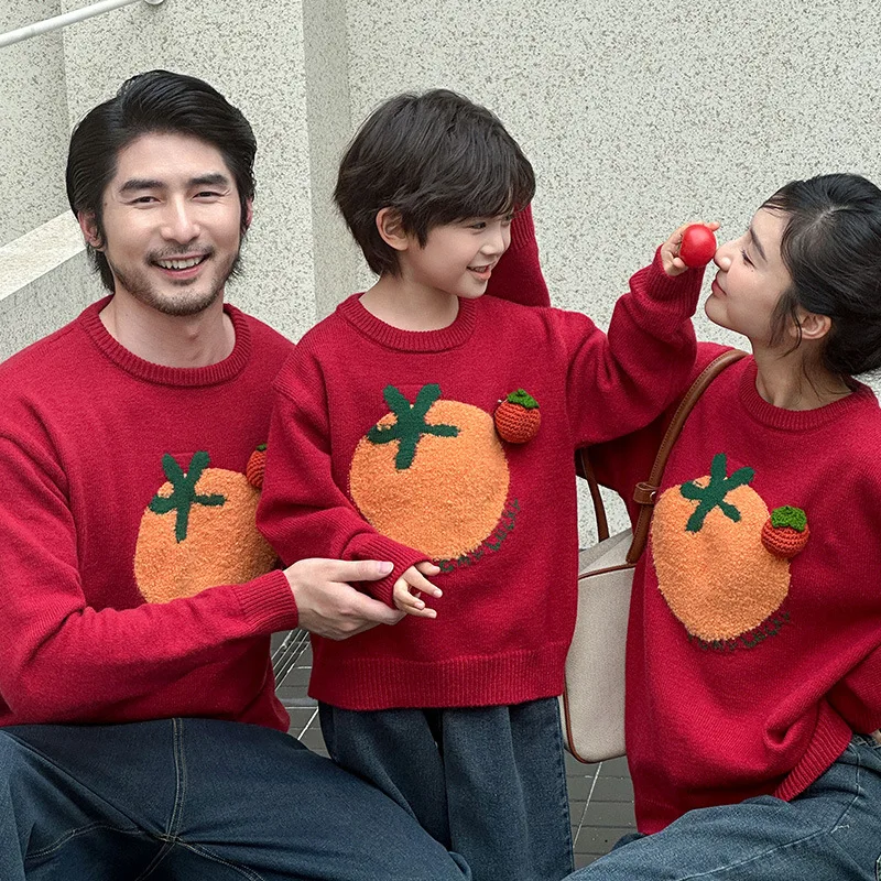 

‌2026 New Year Winter Orange Embroidery Sweater Family Matching Set 3-4 People Unisex Loose Knitwear Parents Kids Casual Outfit
