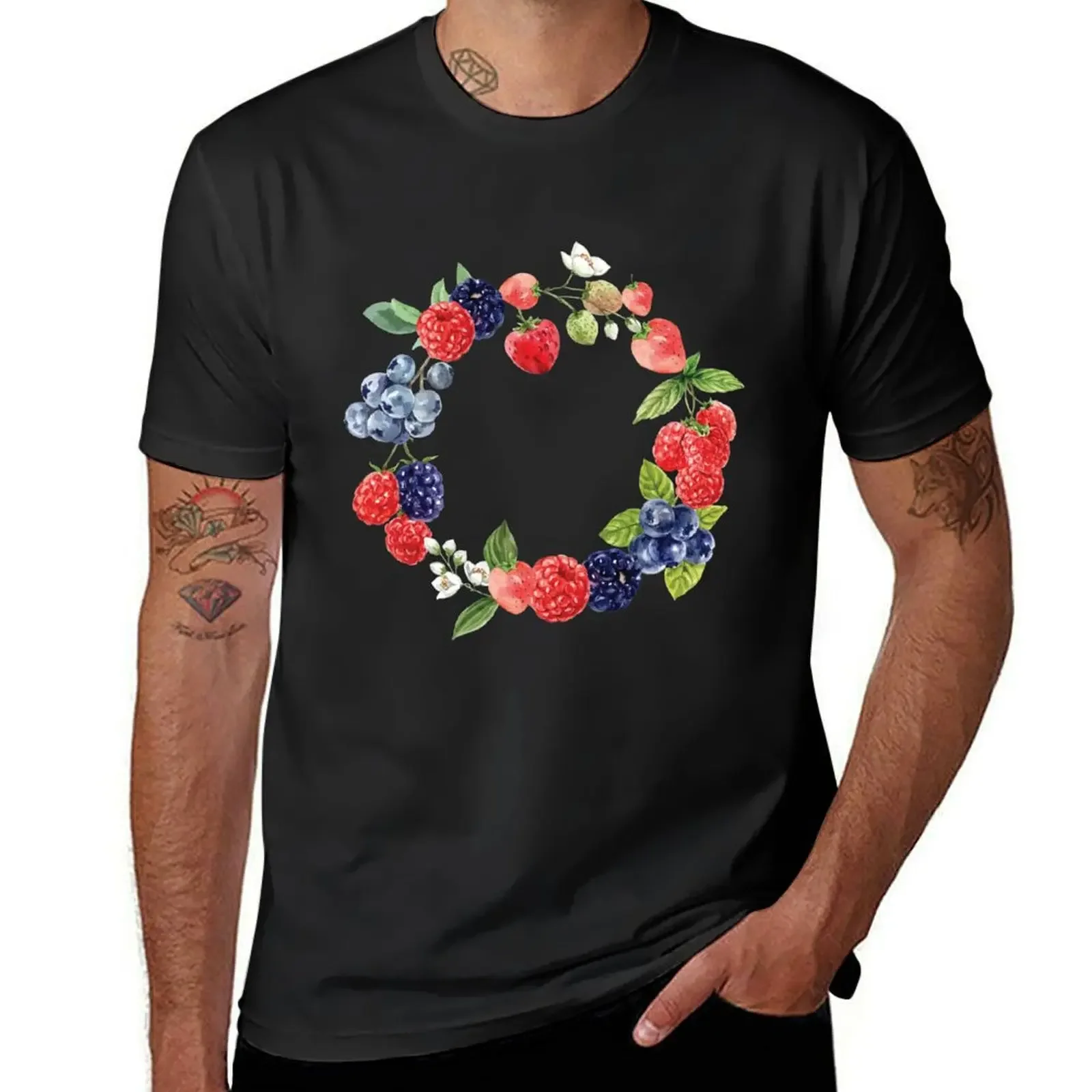 Mixed Berries Round Wreath T-Shirt blue archive tshirts personalised men graphic t shirts