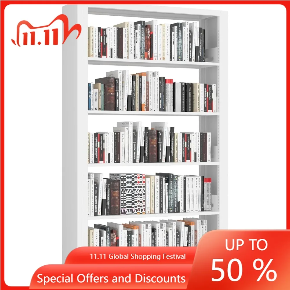 رف كتب من 5 طبقات، رف كتب أبيض مع أرفف تخزين قابلة للتعديل، رف كتب معدني، خزانة كتب بطول 69 بوصة لغرفة المعيشة، المكتبة، #1