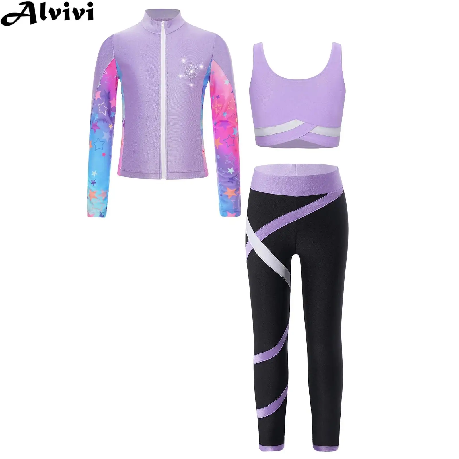 เด็กสาวยิมนาสติกโยคะชุดกีฬาแขนยาวพิมพ์ซิปเสื้อแจ็คเก็ต Crop Vest สําหรับสเก็ตฟิตเนสออกกําลังกาย